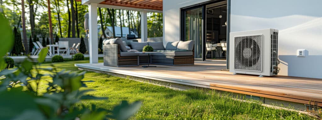 Modern heat pump installed beside a contemporary home in a green garden setting1